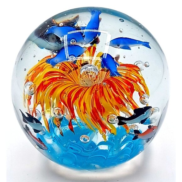 Murano Glass Tropical Fish Aquarium Art Paperweight 4.5" X 4.15" Handcrafted Wit - Picture 11 of 15